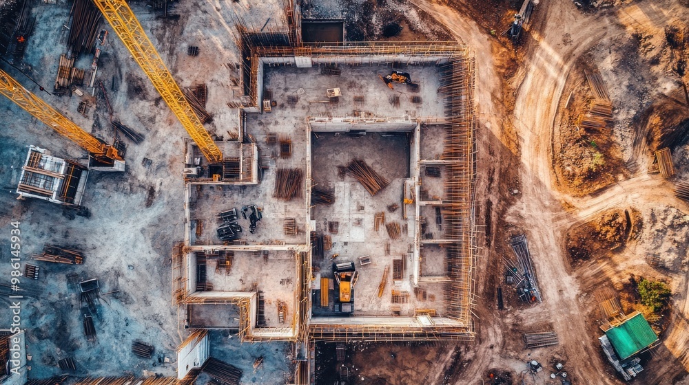 Aerial view of a construction site with concrete foundation, rebar, and construction equipment. Aerial view of a construction site with concrete foundation, rebar, and construction equipment.
