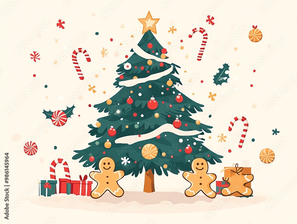 Christmas tree adorned with gingerbread men and candy canes, flat design illustration Christmas tree adorned with gingerbread men and candy canes, flat design illustration