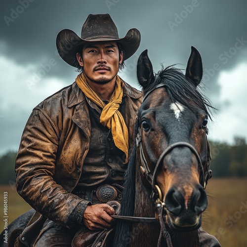 Portrait of an Asian Cowboy Riding a Dark Chestnut Horse in a Western-Style Scene, Brown Leather Jacket and Hat, Yellow Scarf, Cloudy Sky Over a Grassy Meadow

