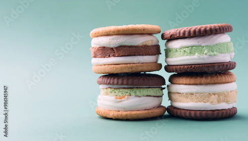 Assorted Ice Cream Sandwiches on a Blue Background photo