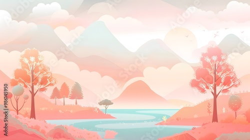 Scenic Outdoor Landscape with Mountains and River – Vector Art 