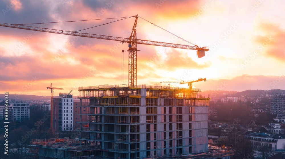 Construction crane lifting materials to build a high-rise building against a cloudy sky and sunset. Construction crane lifting materials to build a high-rise building against a cloudy sky and sunset.