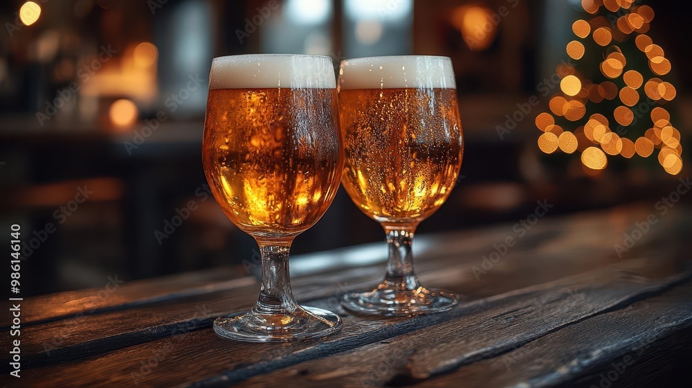 two frosty glasses of golden beer on a rustic wooden table set in a cozy pub atmosphere with warm ambient lighting and rich inviting tones two frosty glasses of golden beer on a rustic wooden table set in a cozy pub atmosphere with warm ambient lighting and rich inviting tones