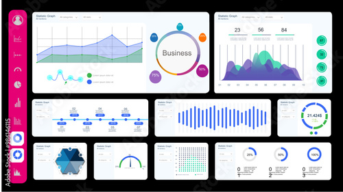 Dashboard infographic, charts, graph and graphic UI, UX, KIT elements. Info chart elements for online statistics and data analytics. Modern template dashboard. Mockup admin panel. Vector infographics