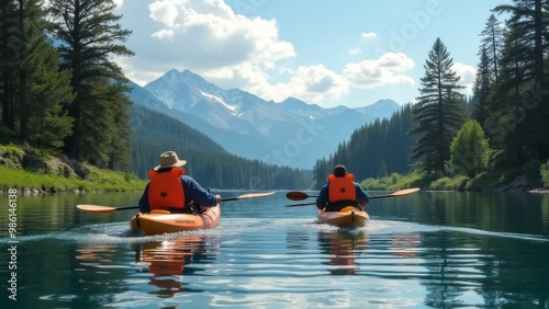 Generative AI, two people in kayaks paddling on a lake with mountains in the background and clouds in the sky, tranquil, a stock photo, neoplasticism
 photo