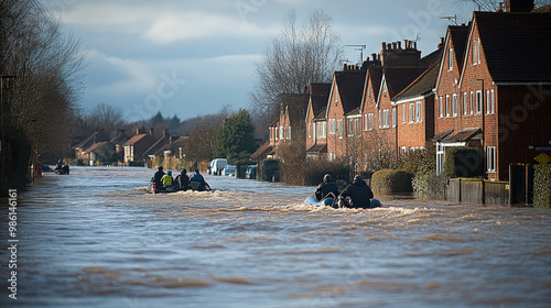 A flood-stricken town, with water levels rising rapidly and residents being evacuated by boat, highlighting the life-threatening conditions created by sudden and severe flooding. photo