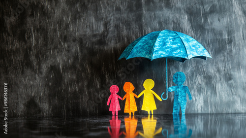 Paper cutout family under a protective umbrella during a rainstorm symbolizing safety and care.