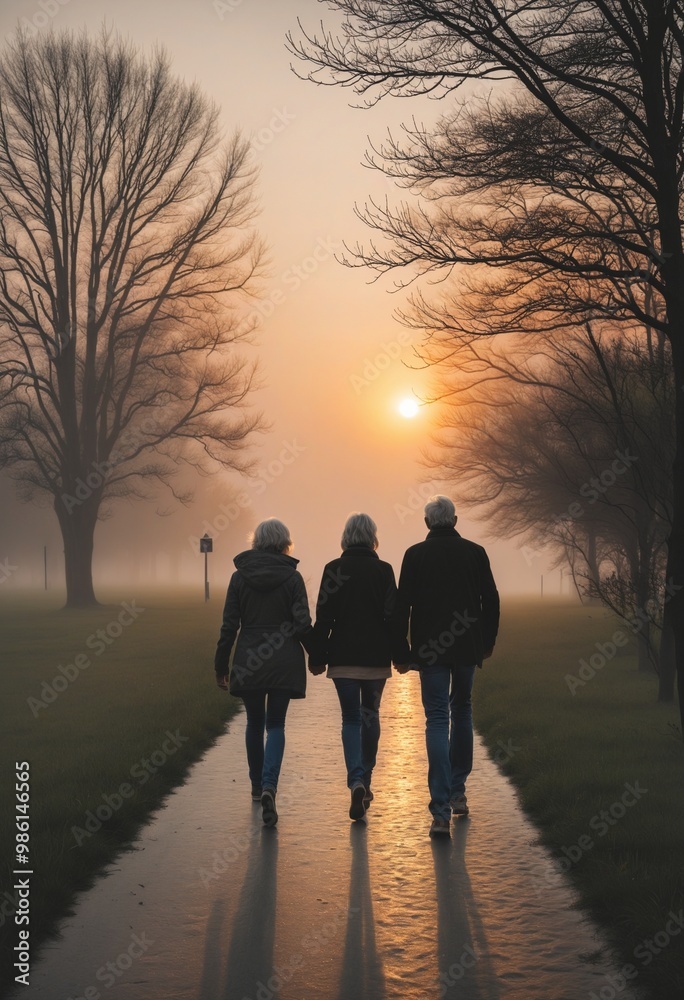 friends walking through a foggy sunset landscape friends walking through a foggy sunset landscape