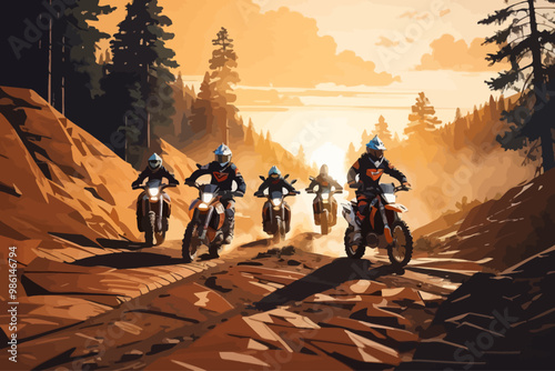illustration You can see a group of KTM enduro bikers traveling on an uncovered trail, with mud and a lot of nature around