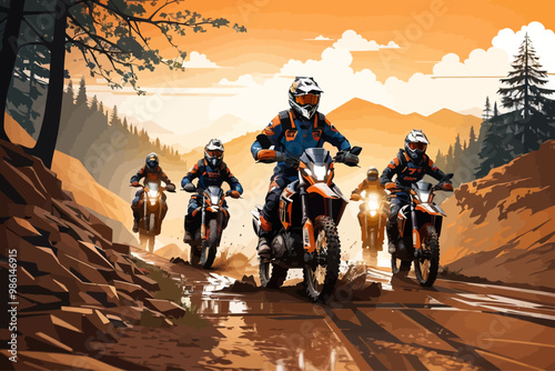 illustration You can see a group of KTM enduro bikers traveling on an uncovered trail, with mud and a lot of nature around