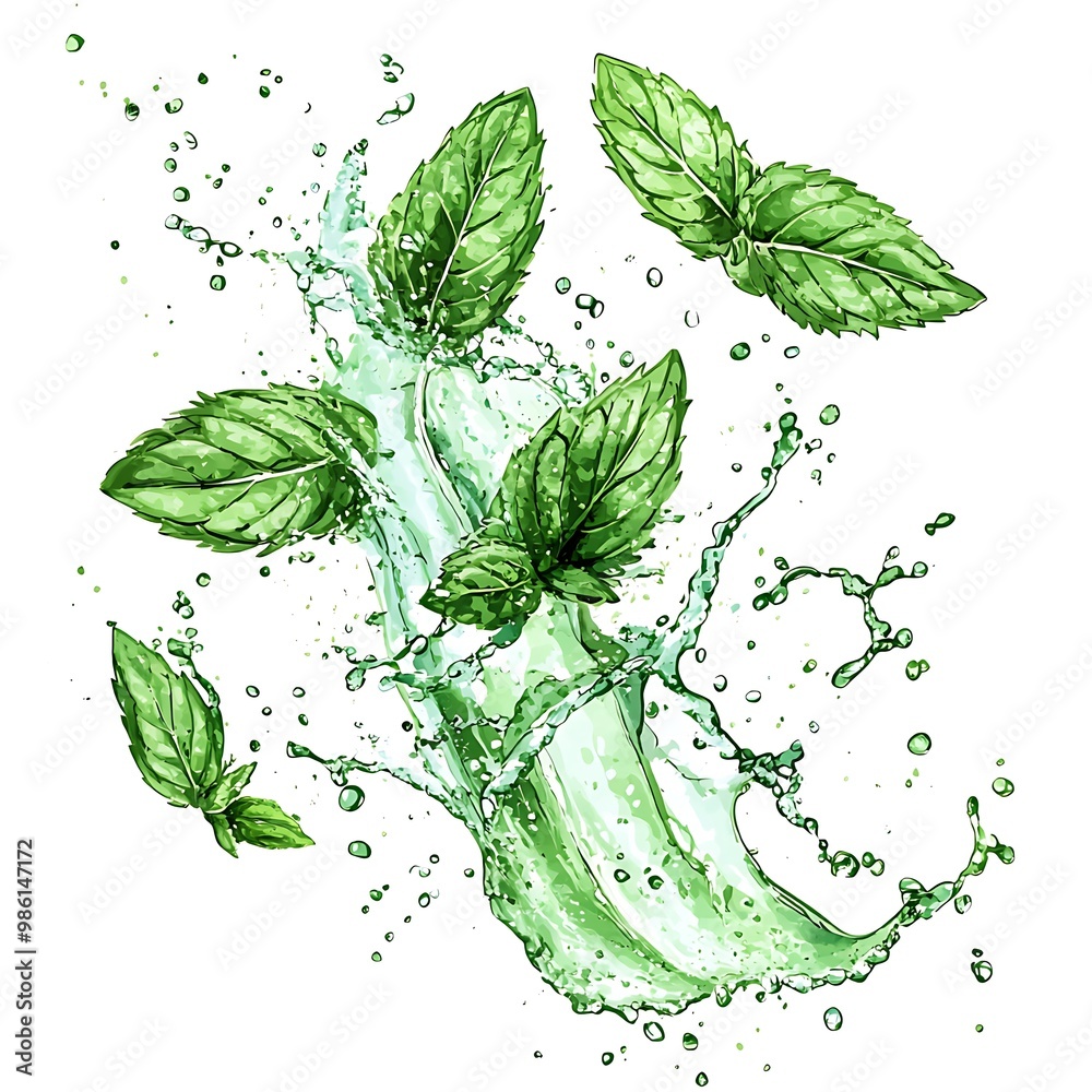 Fresh Mint Leaves Splashing in Water.