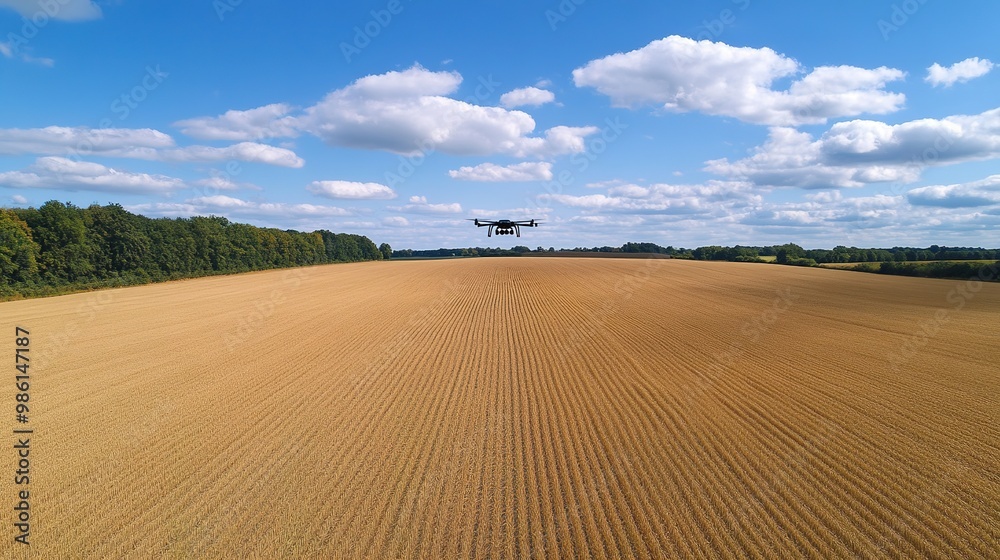Fototapeta premium A serene aerial view of a golden field under a bright blue sky, showcasing agricultural land and peaceful landscapes.