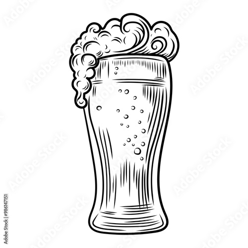 Beer glass with foam drawing, isolated, vector