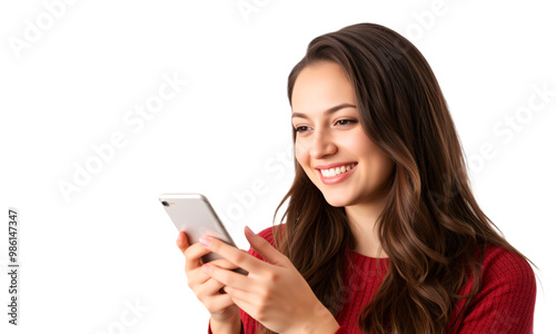 smiling woman using mobile phone isolated on transparent background