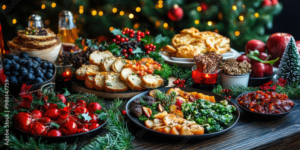 Christmas dinner. Festive dishes on the table. Happy New Year and Merry Christmas. Banner Christmas dinner. Festive dishes on the table. Happy New Year and Merry Christmas. Banner
