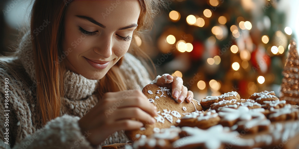 Naklejka premium Young woman is carefully decorating gingerbread cookies with frosting while sitting at a table in front of a lit christmas tree. Festive baking. Preparing for the Christmas holidays