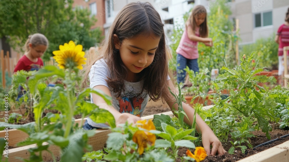 Kids Tending to a Community Garden. Planting and Enjoying the Flourishing Greenery Kids Tending to a Community Garden. Planting and Enjoying the Flourishing Greenery