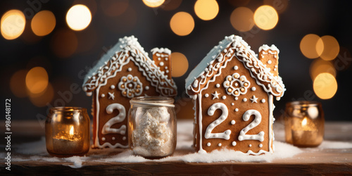 Delicious gingerbread houses decorated with white icing are sitting on a table with christmas ornaments. Festive baking