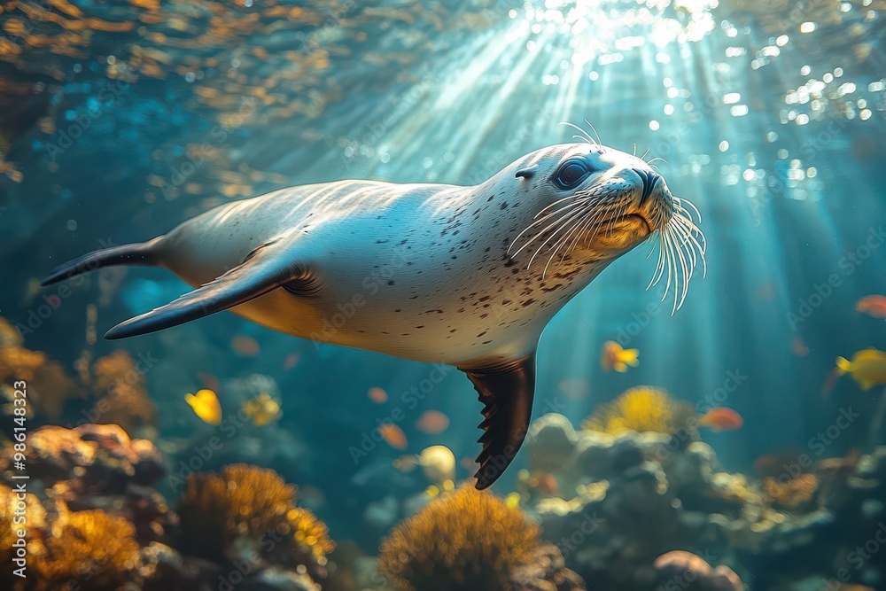 Obraz premium underwater scene of a galapagos fur seal gracefully swimming through a ray of sunlight surrounded by tropical fish and coral formations