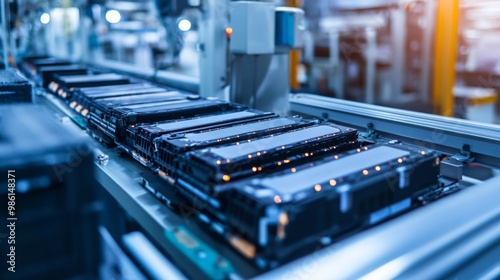 Close-Up View of Electric Vehicle Battery Cells on a Mass Production Assembly Line