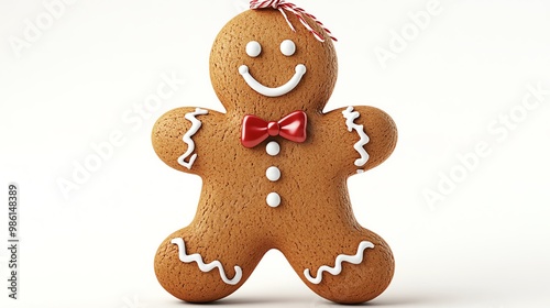 Cute gingerbread man ornament, icing details, festive holiday decoration, 3D illustration, isolated on white background