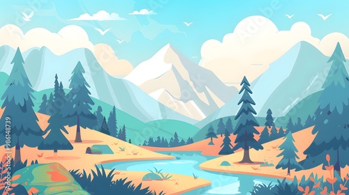 Tranquil Nature Landscape with Mountains and Clouds – Vector
