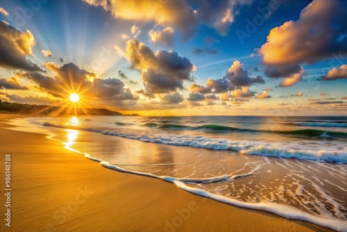 Fototapeta Naklejka Na Ścianę i Meble -  Breathtaking sunset over calm ocean with golden sky