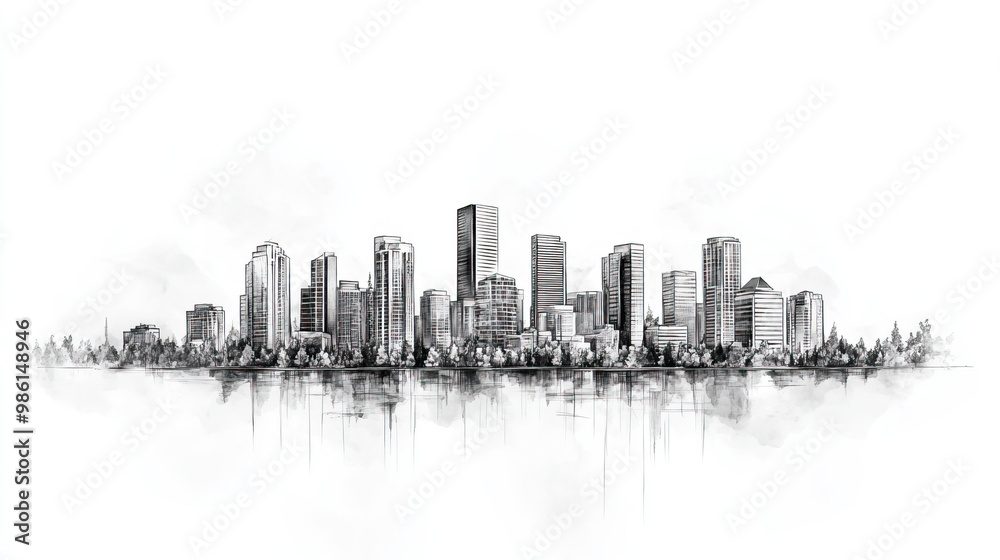 Obraz premium Bellevue, Washington, black and white pen pencil hand-drawn effect drawing illustration for travel poster, card, wallpaper, backdrop or banner. Modern, clear, artistic and simple