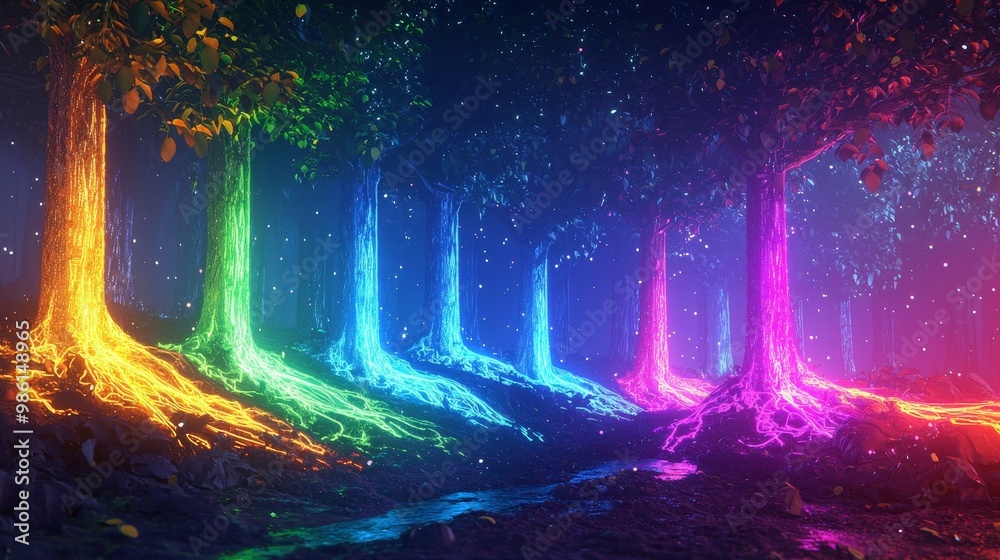 Enchanted Neon Forest: A Surreal Fusion of Nature and Imagination, High Detail Rainbow Roots and Glowing Trees. Enchanted Neon Forest: A Surreal Fusion of Nature and Imagination, High Detail Rainbow Roots and Glowing Trees.
