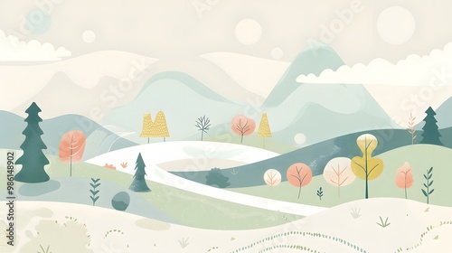 Soft Color Nature Scene with River and Trees – Vector Art 