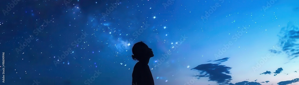 The first star appearing in the evening sky close up, focus on, copy space, deep blues and bright whites, Double exposure silhouette with a person gazing at the stars The first star appearing in the evening sky close up, focus on, copy space, deep blues and bright whites, Double exposure silhouette with a person gazing at the stars
