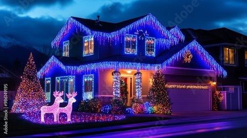 Festive house exterior fully decorated with colorful Christmas lights and illuminated reindeer