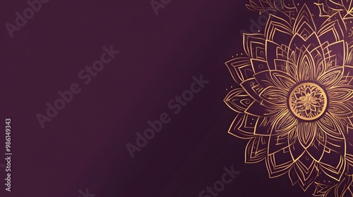 A purple card with a golden mandala ornament on the right side, featuring a flat design, simple shapes, and a minimalistic style. The color scheme is elegant and sophisticated photo