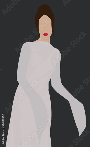 Vector flat image of a young girl with red lips. Brunette in a long light dress. Design for avatars, posters, backgrounds, templates, textiles.