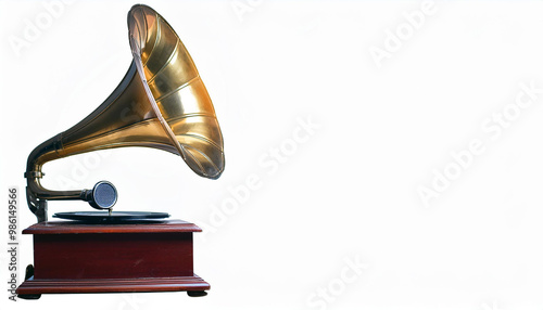 Vintage Gramophone with Golden Horn on White Background