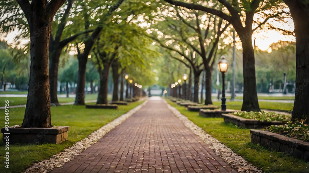 Blurred bokeh of a path through a tranquil park