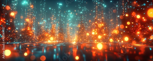 Futuristic holiday lights intertwined with glowing nanowires, forming intricate patterns over sleek, reflective surfaces in a neon-lit holiday scene