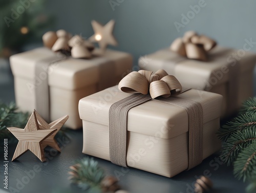 Gift with Nordicinspired wrapping, wooden star accents, 3D illustration photo