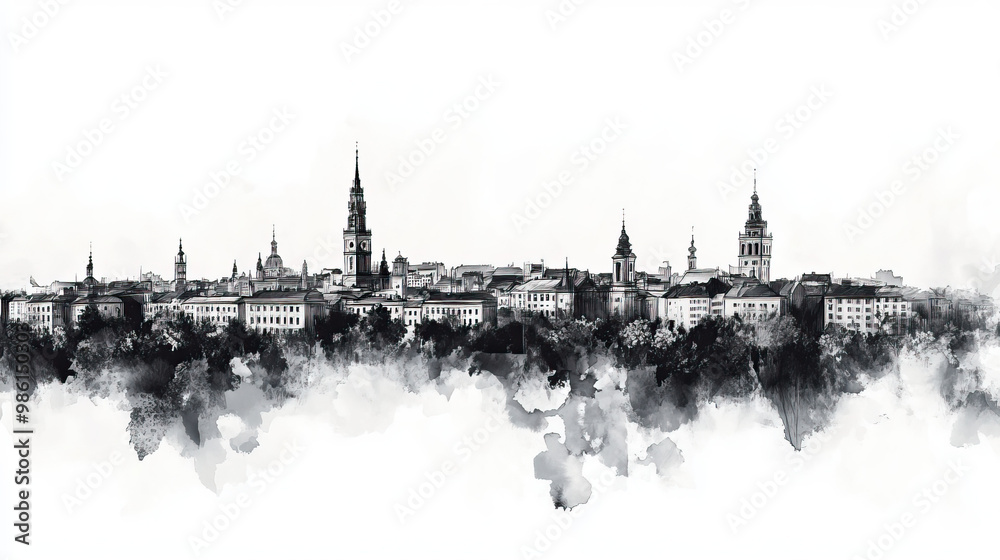 Naklejka premium Biaystok, Poland, black and white pen pencil hand-drawn effect drawing illustration for travel poster, card, wallpaper, backdrop or banner. Modern, clear, artistic and simple