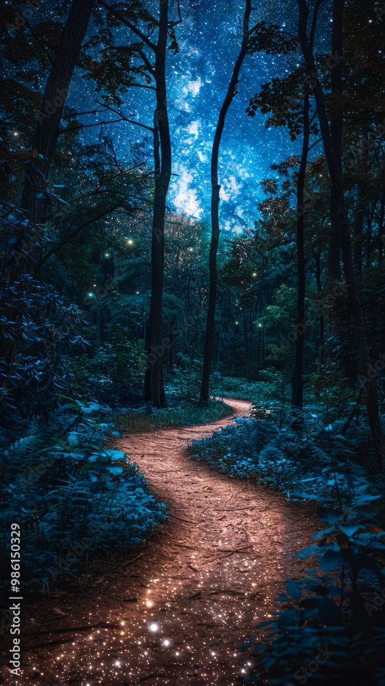 winding path through enchanted forest under bright starry sky winding path through enchanted forest under bright starry sky
