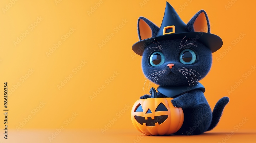 A cute cartoon cat in a witch's hat sits beside a pumpkin, set against an orange background, perfect for Halloween. A cute cartoon cat in a witch's hat sits beside a pumpkin, set against an orange background, perfect for Halloween.