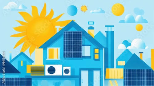 The concept of solar energy reducing summer cooling costs in cool blues and bright yellows