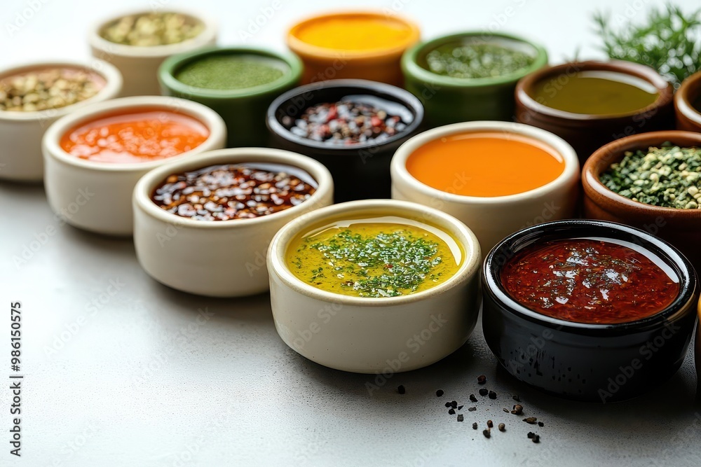 various sauces in bowls top view on white background colorful array of condiments and dips food styling highlighting diversity of flavors and culinary possibilities