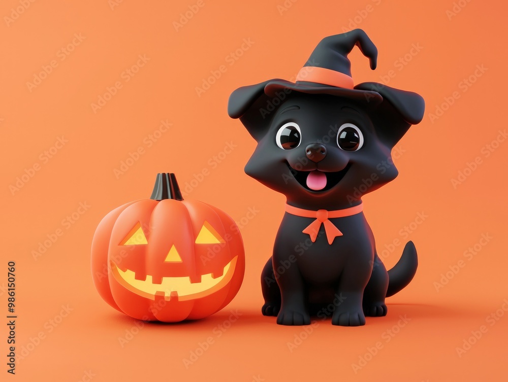 A cute cartoon dog wearing a witch hat stands next to a jack-o'-lantern on an orange background, embodying a playful Halloween theme. A cute cartoon dog wearing a witch hat stands next to a jack-o'-lantern on an orange background, embodying a playful Halloween theme.