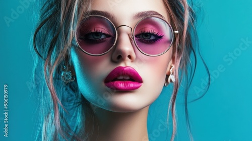 Close-up portrait of a woman with bright pink eyeshadow and bold pink lipstick wearing round sunglasses.