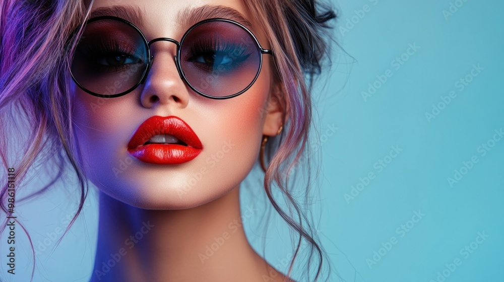 Close-up of a woman's face with bright red lips, wearing round sunglasses and her hair slightly pulled back, with a blue background. Close-up of a woman's face with bright red lips, wearing round sunglasses and her hair slightly pulled back, with a blue background.