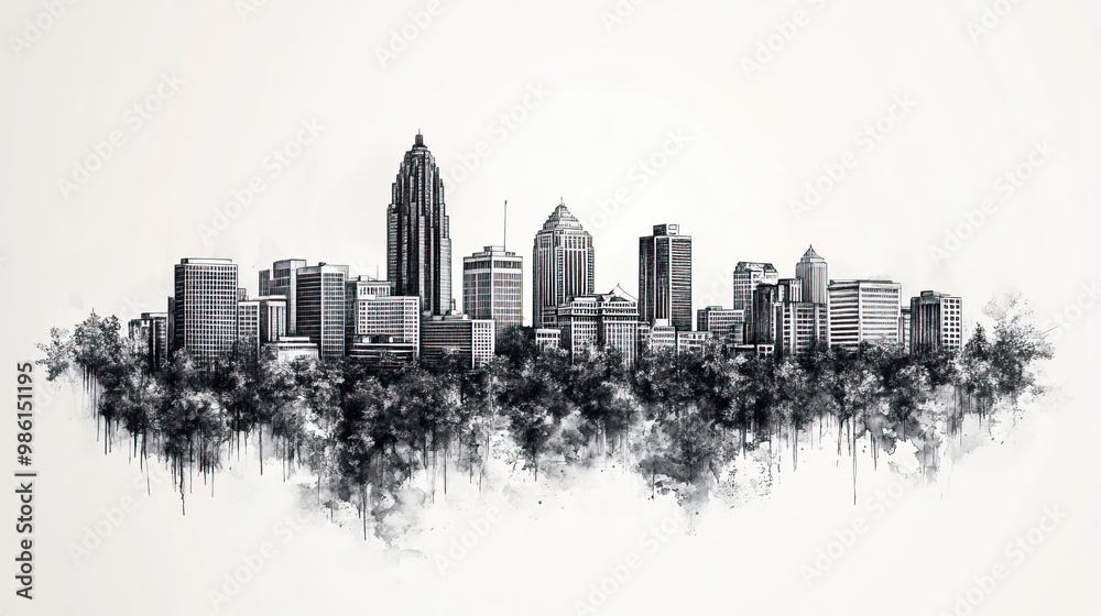 Obraz premium Birmingham, Alabama, black and white pen pencil hand-drawn effect drawing illustration for travel poster, card, wallpaper, backdrop or banner. Modern, clear, artistic and simple
