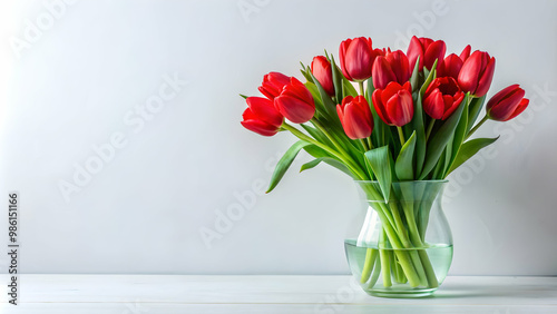 Vibrant red tulips in a clear vase on a white background, flowers, floral arrangement, vibrant, red, tulips, vase