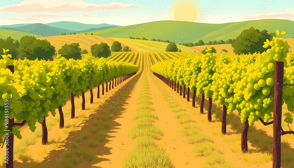 Fototapeta premium A scenic autumn vineyard in a picturesque countryside, featuring rolling hills, vibrant grapevines, and a clear sky