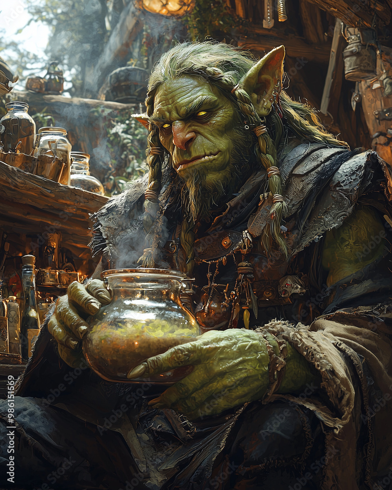 goblin herbalist mixing potions with magical herbs in a smoky forest hut, surrounded by jars of mystical ingredients and potions goblin herbalist mixing potions with magical herbs in a smoky forest hut, surrounded by jars of mystical ingredients and potions